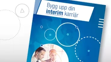 Broschyr med texten 'Bygg upp din interim karriär' och affärsmänniskor.