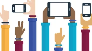 Illustrated hands holding smartphones and taking pictures.