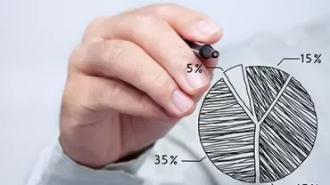 Hand drawing a pie chart with four segments labeled 5%, 15%, 35%, and 45%.