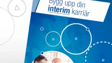 Broschyr med texten 'Bygg upp din interim karriär' och bilder av yrkesverksamma.