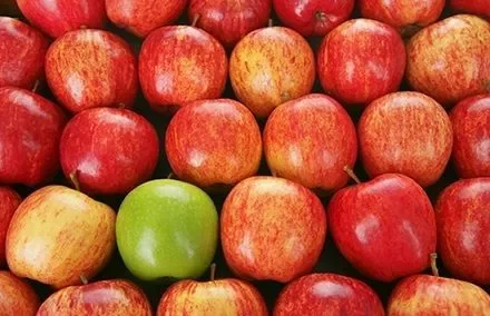 Ett nät av röda äpplen med ett grönt äpple i centrum.
